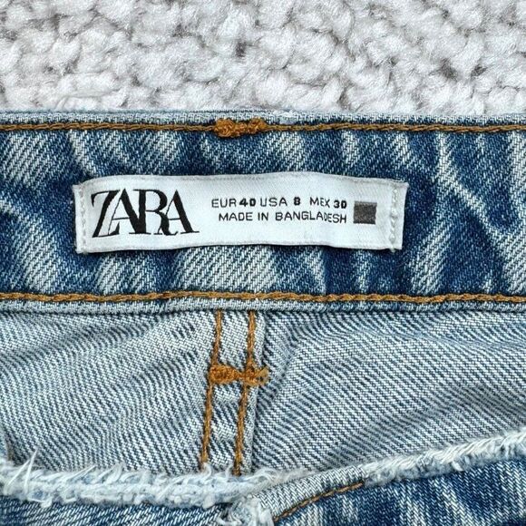 Zara Destroyed Knee High Waisted Straight Leg Jean Light wash - Picture 3 of 10